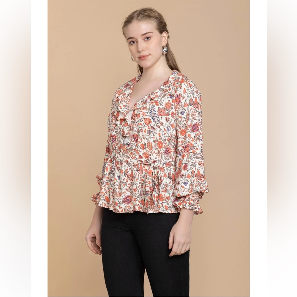 BOHERA‎ Floral Wrap Ruffle Blouse Size XL Boho Peasant Cottagecore Flowy
